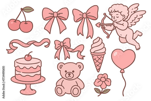Pink girly coquette y2k aesthetic hand drawn elements set. Elegant vintage clipart collection. Lovely cute icons: cherry, pink ribbon, bow, cake, ice cream, teddy bear, cupid.