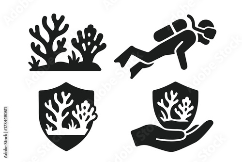 Marine conservation icon set with coral reef and scuba diver. Symbols for ocean protection, underwater life preservation, and environmental care. Vector silhouette graphics.