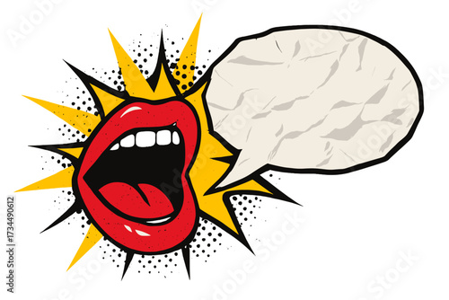 Pop art screaming mouth with empty crumpled paper speech bubble. Retro comic halftone vector illustration. Woman shouting announcement for marketing, advertising or sale.