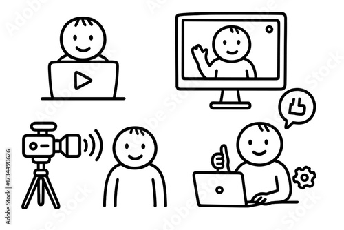 Video content creator & vlogger doodle icon set. Simple line art illustration for streaming, online meetings, webinars, e-learning & social media engagement. Vector character.