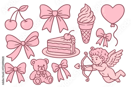 Girly coquette Y2K aesthetic vector elements. Pink hand drawn vintage clipart set. Cute collection with cherry, bow, cake, ice cream, teddy bear, cupid for Valentine's day.