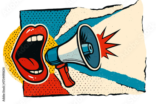 Pop art collage with a screaming mouth and megaphone. Retro comic style for protest or breaking news announcement. Advertising banner with halftone texture and copy space.
