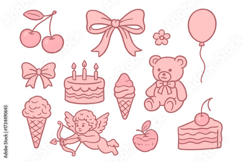 Coquette aesthetic Y2K girly clipart set. Cute pink hand drawn vintage icons. Lovely soft girl elements collection with ribbon bow, cherry, cake, teddy bear, cupid, balloon.