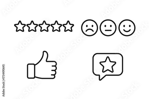 Feedback and review line icon set. Customer satisfaction rating. Star scale, emotion symbols, sad, neutral, happy face. Thumbs up like. Quality survey, user experience vector.