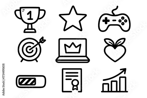 Gamification icon set for business. Doodle marketing strategy elements. Vector line art of trophy, award, star, target, and growth chart for user engagement and success.