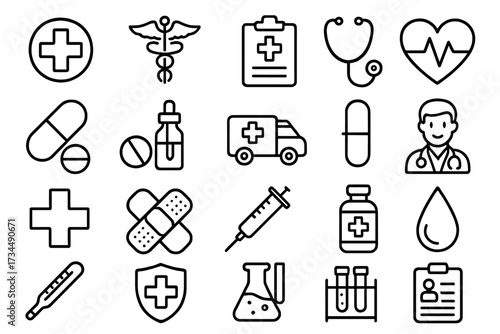 Medical and health web icons in line style. Medicine and Health Care symbol set. Infographic vector elements. Includes ambulance, doctor, rx, cross, first aid, and lab icons.