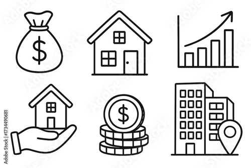 Real estate investment icon set. Property business finance concept. House mortgage loan for home ownership. Asset management, rising prices and market growth chart. Money bag.