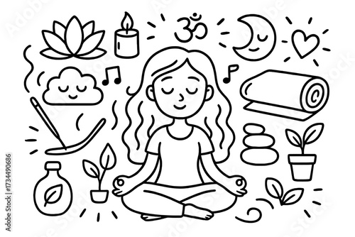 Yoga and meditation doodle icon set. Woman in lotus pose for mindfulness and relaxation. Wellness, self-care, mental health concept. Spiritual zen vector line art collection.