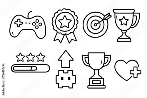 Gamification outline icon set. Game mechanics elements for motivation and user engagement. Vector icons like trophy, award, level up, goal, and star rating for app and web design.