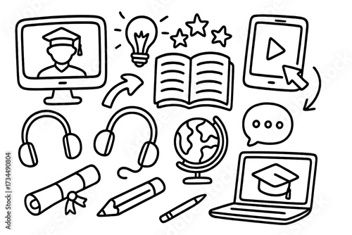 E-learning and online education doodle icon set. Hand drawn vector cartoon illustration concept for webinar, digital course, school study, and graduation. Isolated elements.