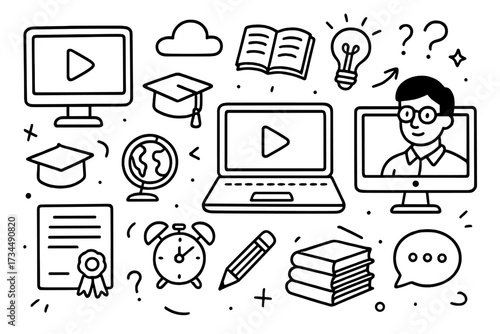 E-learning doodle set for online education and distance learning. Hand drawn icons for webinar, course, tutorial. Back to school vector elements like computer, book, graduation cap.