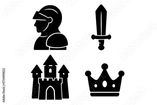 Medieval icons set. Knight, castle, sword, crown symbols. Middle ages silhouette collection. Fantasy kingdom, royal power, chivalry, history concepts. Vector glyphs for design.