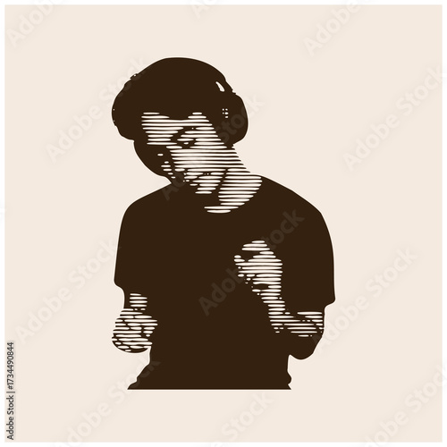Linocut style illustration of a young man listening to music on headphones. Modern monochrome graphic of a person enjoying a rhythm, perfect for music and audio themes.