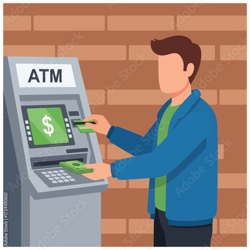 A flat-style vector illustration of a person withdrawing money from an ATM, featuring minimal design, clear structure, and modern color tones