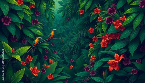 Birds in lush tropical jungle nature scene vibrant flora serene environment close-up view