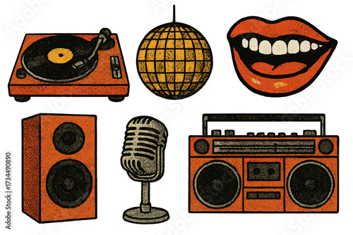 Retro disco party music equipment set. Collage with vinyl record player, speaker, boombox, microphone, smiling mouth and mirror ball. Vintage 70s 80s audio halftone style.