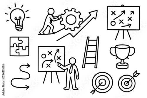 Business strategy doodle icon set. Vector concepts for success, planning, goal setting, and achievement. Contains tactics board, growth chart, target, puzzle, trophy and idea.