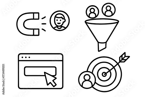 Marketing strategy icon set. Vector line art illustration for business growth. Concepts of customer acquisition, lead generation, sales funnel, website CTA, and audience targeting.