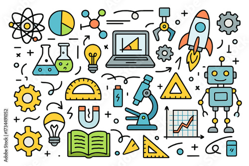 STEAM education doodle banner. Science, technology, engineering, math concept. Cartoon icons set with robot, rocket, atom, microscope. Innovation and learning vector background.