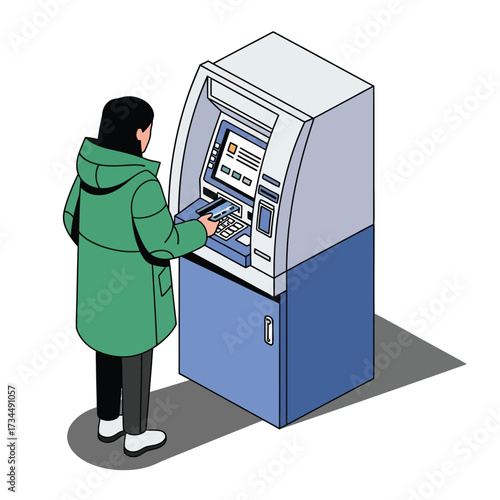 A young woman with brown hair uses an ATM. She wears a yellow jacket and backpack. Clean, modern design. Perfect for finance, banking, or lifestyle concepts.