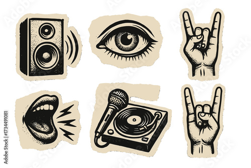 Rock music concert collage. Halftone retro grunge elements set. Vector hand horn sign, speaker, eye, screaming mouth, microphone, vinyl record player. Torn paper stickers.