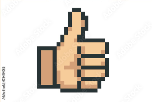 Pixel art thumbs up hand gesture. 8-bit retro video game style like icon. Social media approval symbol. Positive feedback OK sign. Vector illustration isolated on white background.