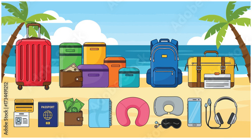 illustration of  traveling and tourism elements. Colorful touristic objects like backpack, suitcase, map and globe and place for text. Summer holiday background. Colored flat vector illustration