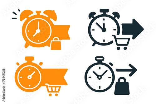 Last minute offer icon set. Limited time deal and last chance sale banner. E-commerce and online shopping concept. Express delivery symbol with alarm clock, stopwatch, and cart.