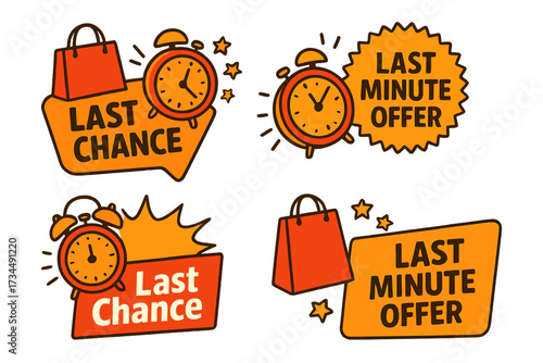 Last minute offer and last chance sale banner set. Vector e-commerce shopping promotion concept. Urgency time limit marketing sticker. Alarm clock shopping bag icon countdown.