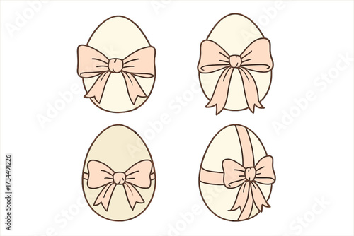 Elegant Easter egg collection with coquette bows. Cute vintage aesthetic pastel holiday illustration. Hand drawn vector set for spring decoration, gift tags or seasonal design.