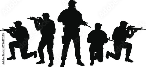 Silhouettes of five armed soldiers in tactical combat poses with rifles, showcasing military teamwork, readiness, precision, and battlefield coordination