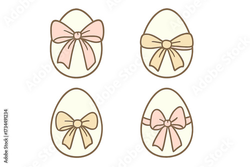 Set of Easter eggs with coquette bows and ribbons. Elegant Easter egg collection. Cute vintage aesthetic pastel holiday contour vector illustration. Hand drawn design element.