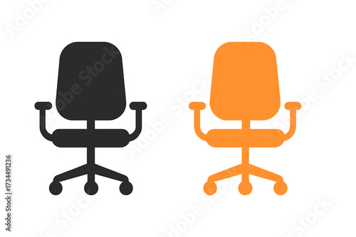 Office chair vector illustration icon set. Black and orange flat design element. Ergonomic armchair for business, workspace, and furniture concepts. Swivel seat graphic symbol.