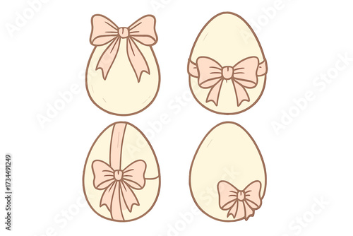 Elegant Easter egg collection with coquette bows and ribbons. Cute vintage aesthetic set for the spring holiday. Hand-drawn pastel contour vector illustration for celebration.