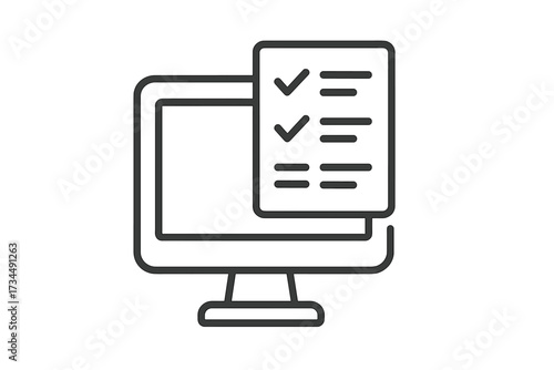 Online exam thin line icon vector illustration. E-learning and digital education concept. Computer screen with test, quiz or survey form. Online assessment checklist.