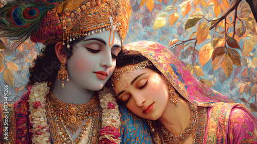 Lord Krishna and Radha sitting under a tree, peaceful and romantic.