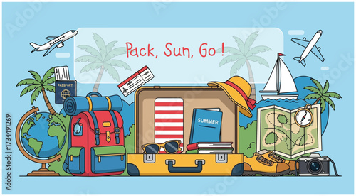 illustration of  traveling and tourism elements. Colorful touristic objects like backpack, suitcase, map and globe and place for text. Summer holiday background. Colored flat vector illustration