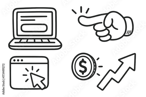 Viral marketing doodle icon set. Digital business concept with laptop, click, and money growth arrow. Vector illustration for e-commerce, pay per click, and financial success.