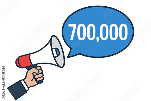700,000 followers, likes or subscribers celebration. Hand with megaphone for social media marketing announcement. Business goal achievement. Advertising promotion banner vector.