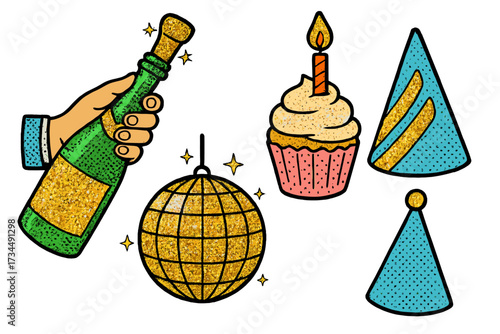 Set of birthday elements with glittering parts. Dotted halftone collage paper cliparts in pop art style. Retro Hand with champagne, cupcake with candle, disco ball, party hat.