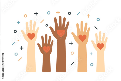 Raised helping hands with hearts vector. Charity and volunteer work concept. Community of diverse people. Unity, support, donation, and love. Flat illustration for social project.