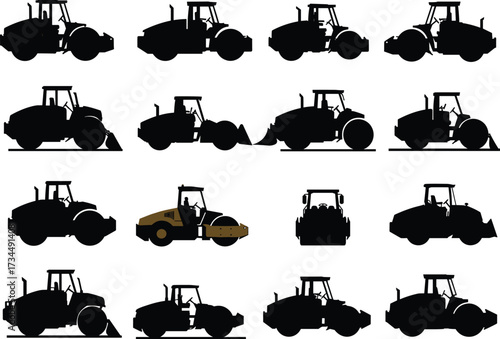 roller, compactor, road, asphalt, soil, machinery, construction, vehicle, transport, silhouette, heavy, industry, site, equipment, engineering, infrastructure, pavement, work, tool, power