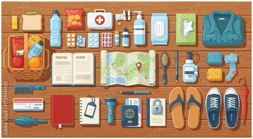A set of cute travel elements. A collection of hand-drawn vacation items. Vector illustration