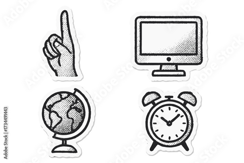 Education sticker set with torn paper collage style. Halftone vector icons for back to school. Includes pointing hand, PC screen, globe, and alarm clock for study concepts.