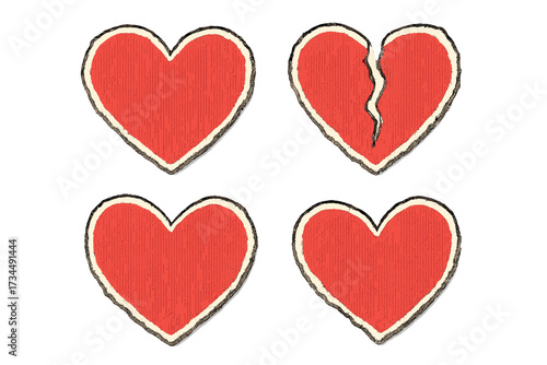 Set of paper hearts with torn edges. Halftone texture, doodle scrapbooking style. Includes whole and broken heart for concepts of love, romance, heartbreak, and divorce. Vector.