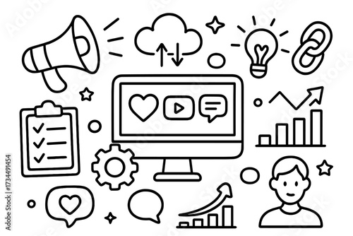 Social media management doodle concept. Digital marketing strategy vector set. Hand drawn icons for content creation, SEO, analytics, engagement and online promotion.