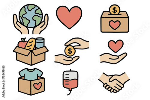 Charity and donation icon set. Vector doodle illustration of volunteering and humanitarian aid concepts. Includes food and clothes donation, blood drive, money giving, and love.