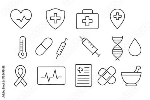 Medical and health web icons in thin line style. Medicine, health care, and pharmacy symbols. Vector illustration collection for infographics. Rx, DNA, cardiology, and first aid kit.