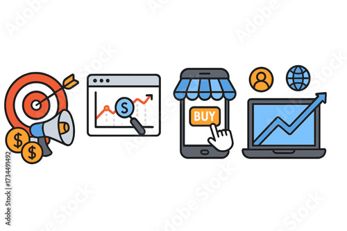 Digital marketing icon set for business growth. E-commerce, SEO analysis, and advertising strategy concepts. Online shopping, customer targeting, and promotion vector icons.