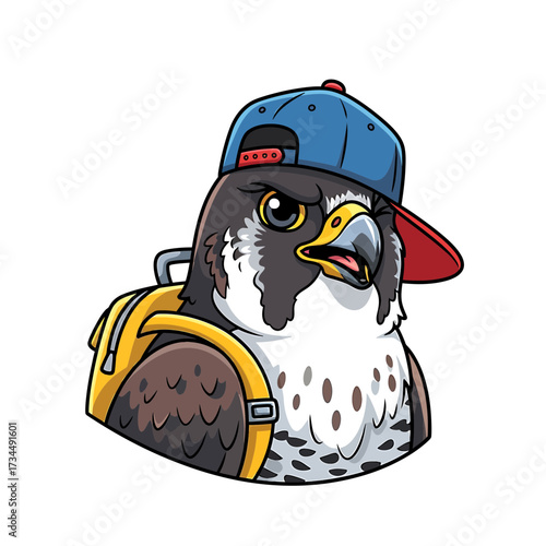 A Cool Falcon Wearing a Baseball Cap and Backpack Ready to Go